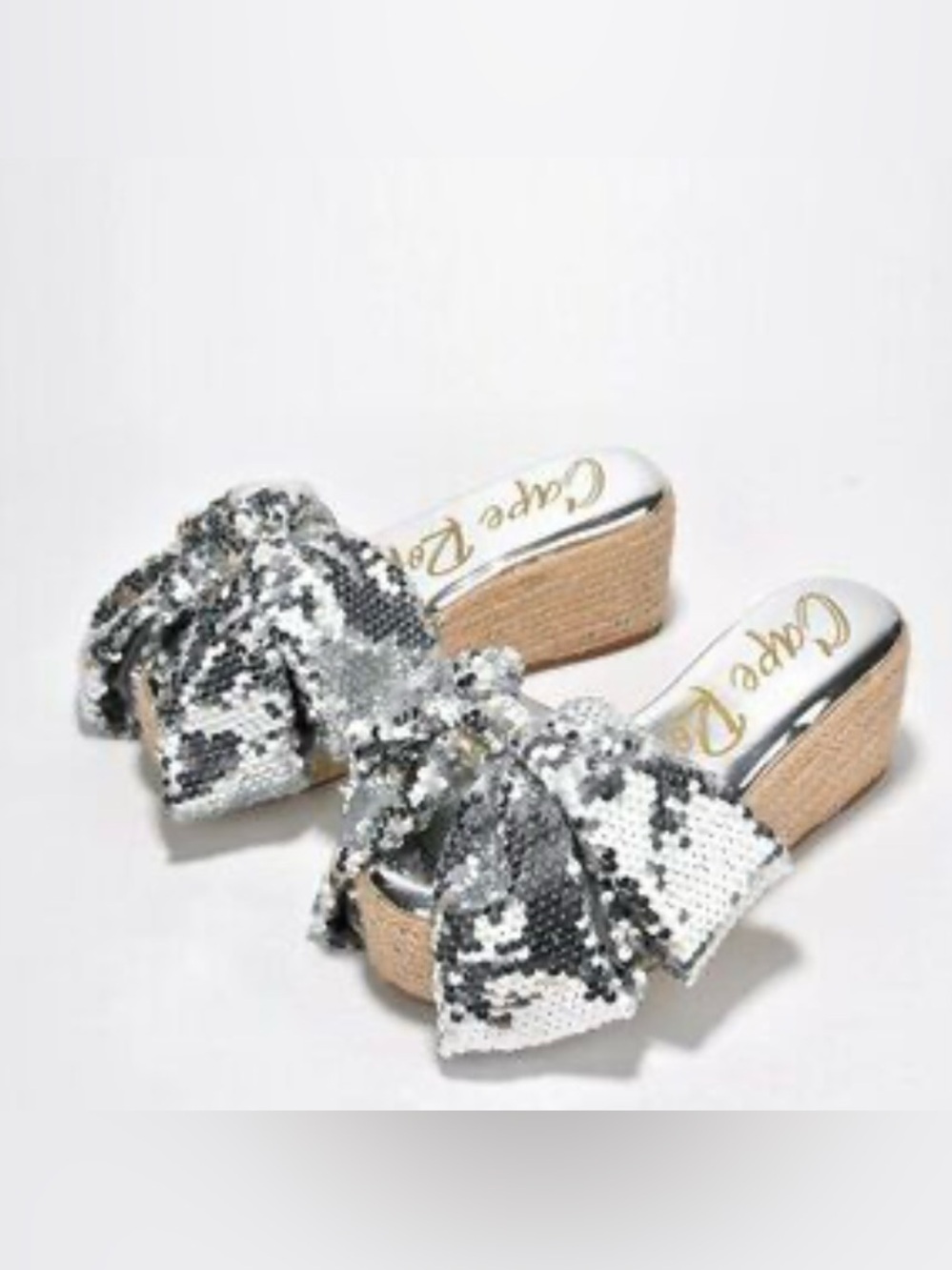 Cape Robbin Silver Sequin Bow Wedge Slides